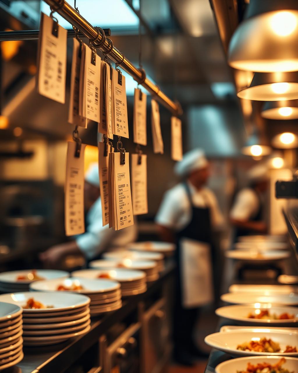 Bustling cloud-kitchen pass with order tickets and chefs plating